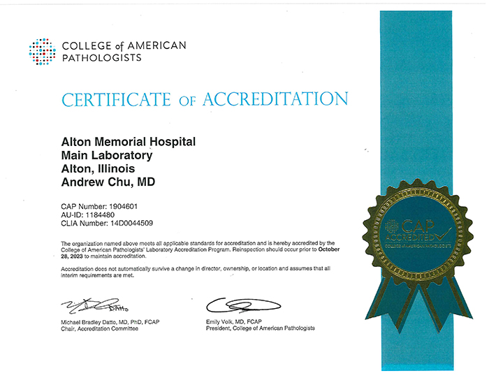 The College of American Pathologists Certificate of Accreditation